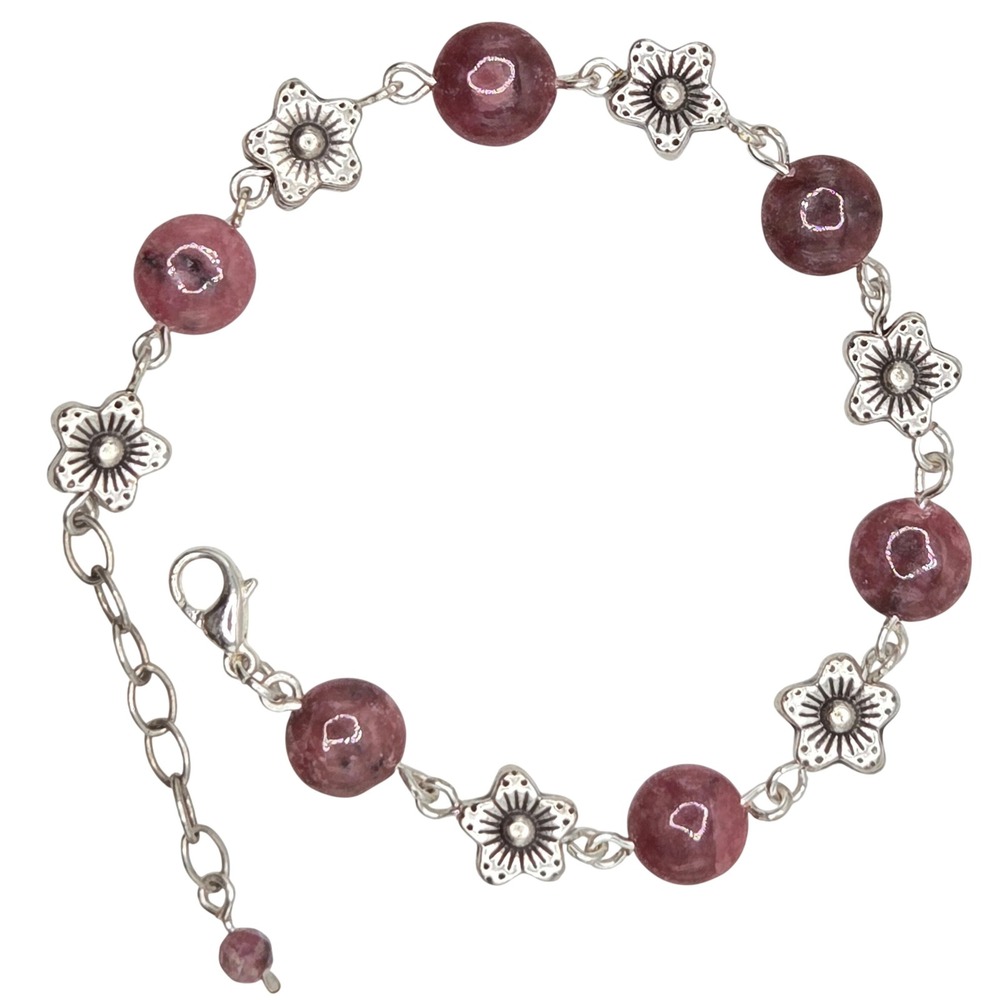 Handmade Boho Cottagecore Rhodonite Stone Silver Flower Link Bracelet Adjustable